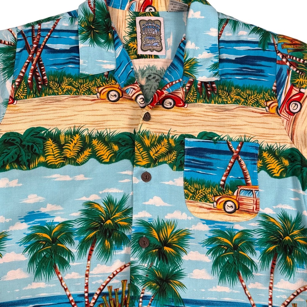Ocean Current Hawaiian Shirt Tropical Woody Car Beach‎ Camp Button Down Boys L